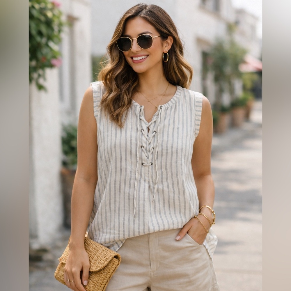 banana republic linen blend striped lace up top Sep sale